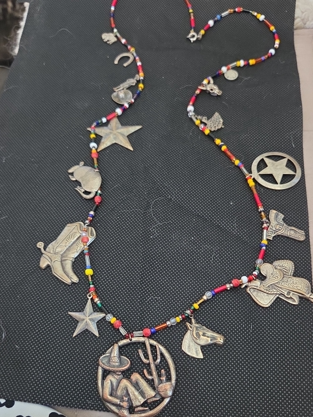 Western Charm Multi-Color Beaded Fettish  Necklace with Cowboy Medallions